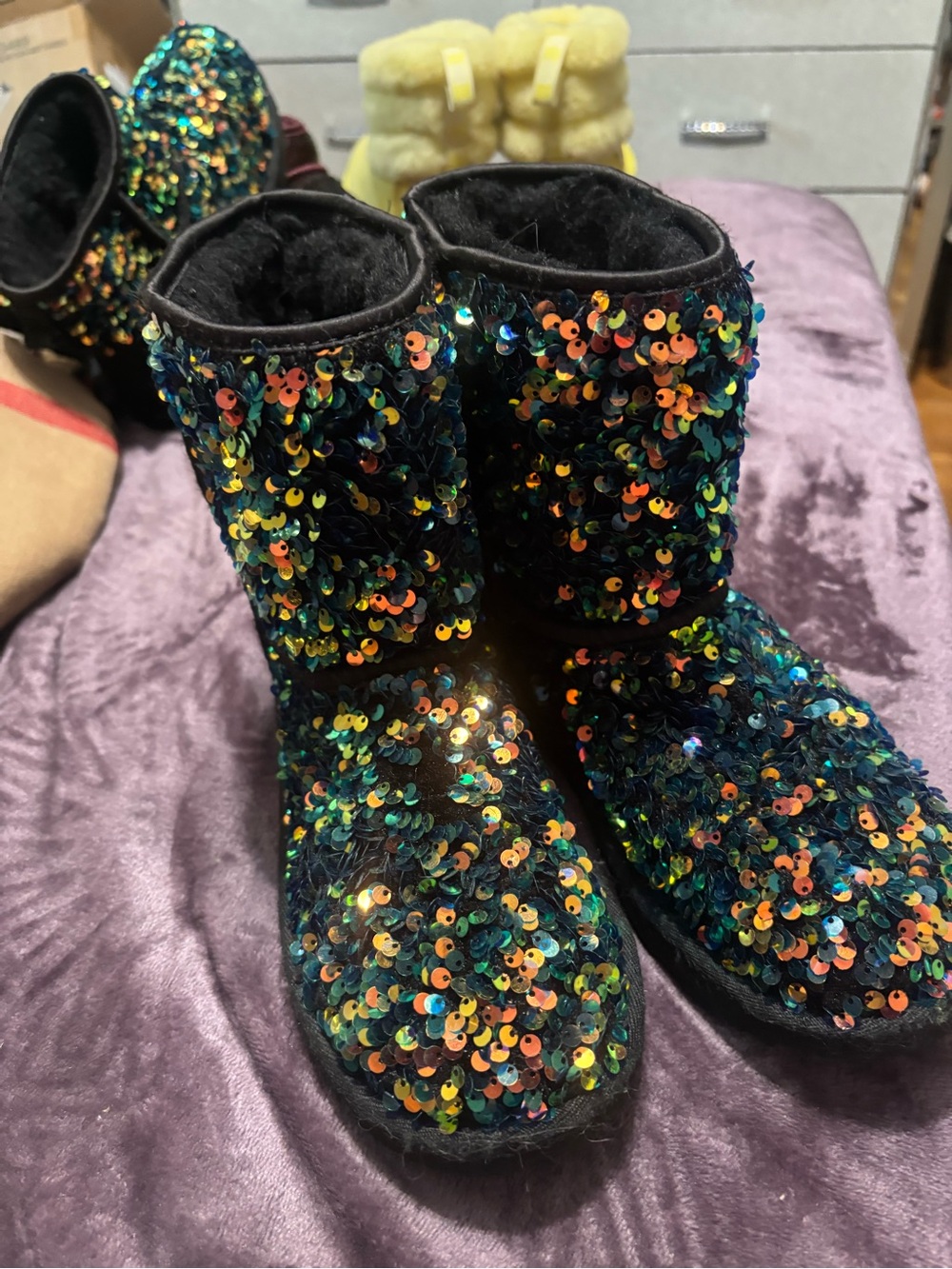 UGG Black Sequin Short Boots with Multicolor Iridescent Sparkle